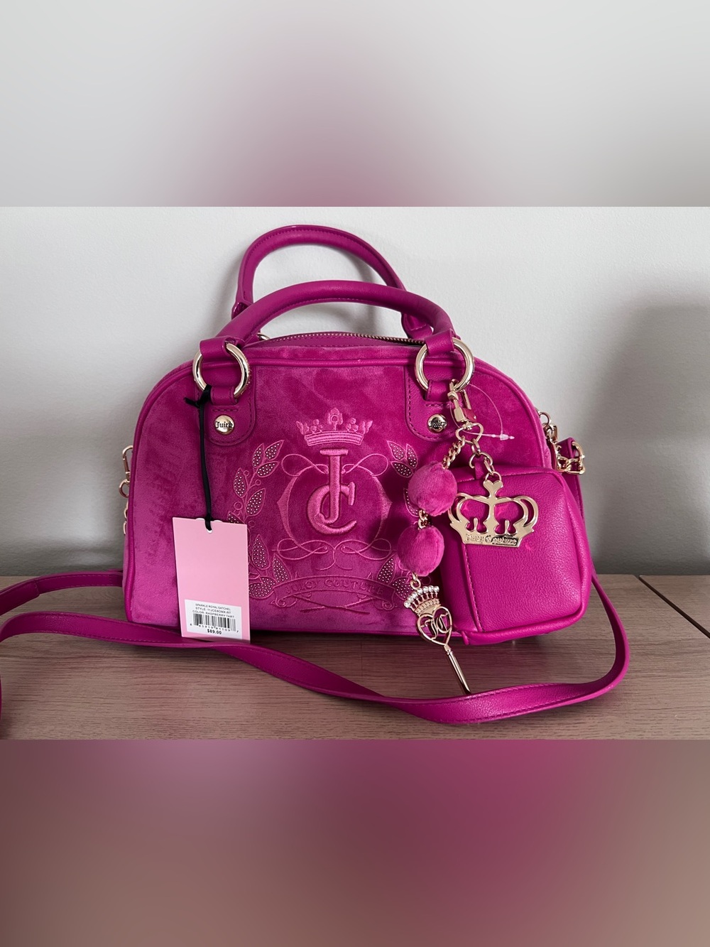 New  Juicy Couture Sparkle Royal Satchel Raspberry Tart With Pouch And keychain